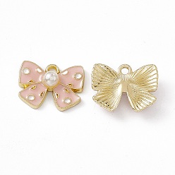 Pink Alloy Enamel Pendants, with ABS Plastic Imitation Pearl Beads, Light Gold, Bowknot Charm, Pink, 12.5x16.5x5mm, Hole: 1.6mm