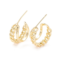 Real 18K Gold Plated Curb Chain Shape Stud Earrings, Half Hoop Earrings, Brass Open Hoop Earrings for Women, Real 18K Gold Plated, 19x25x19.5mm, Pin: 0.6mm
