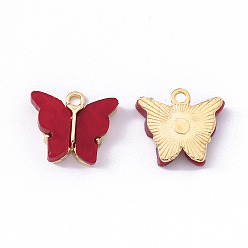 FireBrick Alloy Acrylic Pendants, Butterfly, Light Gold, FireBrick, 14x16.5x3mm, Hole: 1.6mm