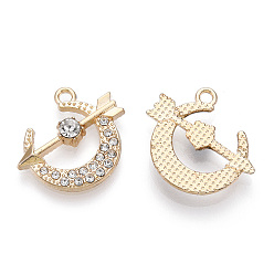 Light Gold Alloy Pendants, with Crystal Rhinestone, Cadmium Free & Lead Free, Moon with Arrow, Light Gold, 19.5x20x3.5mm, Hole: 1.8mm