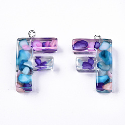 Letter F Transparent Epoxy Resin Pendants, with Shell Slices and Loops, Alphabet, Letter.F, 31x20x8mm, Hole: 1.6mm