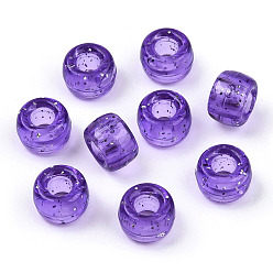 Violet Bleu Perles en plastique transparentes, avec de la poudre de paillettes, baril, bleu violet, 9x6mm, Trou: 3.8mm, environ1900 pcs / 500 g