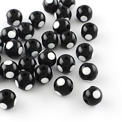 Black Dot Pattern Opaque Acrylic Beads, Round, Black, 16x15mm, Hole: 3mm, about 220pcs/500g