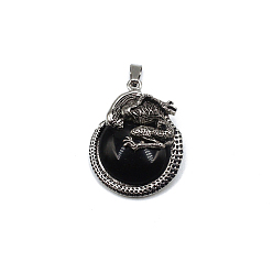 Black Stone Natural Black Stone Pendants, Flat Round Charms with Skeleton, with Antique Silver Plated Metal Findings, 40x35mm