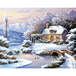 Colorful DIY Winter Snowy House Scenery Diamond Painting Kits, including Resin Rhinestones, Diamond Sticky Pen, Tray Plate and Glue Clay, Colorful, 300x400mm