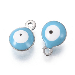 Sky Blue 304 Stainless Steel Enamel Charms, Flat Round with Evil Eye, Stainless Steel Color, Sky Blue, 8.5x6x4mm, Hole: 1mm