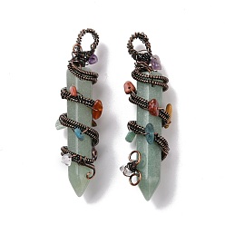 Green Aventurine Natural Green Aventurine Pointed Big Pendants, with Red Copper Plated Rack Plating Brass Findings and Mixed Stone Chip Beads, Cadmium Free & Lead Free, Faceted, Bullet Charm, 64~68x16~17x16~17mm, Hole: 7.5mm