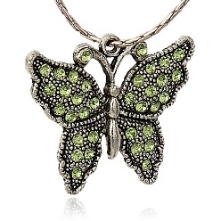 Peridot Alloy Rhinestone Pendants, Butterfly, Antique Silver, Peridot, 26x33x2.5mm, Hole: 2mm