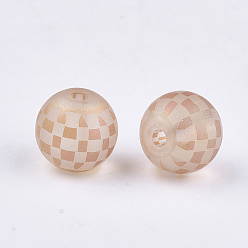Dark Salmon Electroplate Glass Beads, Plaid Beads, Frosted, Round with Tartan Pattern, Dark Salmon, 8~8.5mm, Hole: 1.5mm
