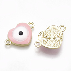 Pink Conectores de enlaces de aleación, con esmalte, corazón con mal de ojo, la luz de oro, rosa, 13.5x20.5x4.5 mm, agujero: 1.8 mm