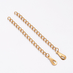 Golden Ion Plating(IP) 304 Stainless Steel Chain Extender, with Teardrop Charms, Golden, 62~70mm, Ring: 4x3x0.5mm