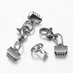 Stainless Steel Color 304 Stainless Steel Lobster Claw Clasps, with Ribbon Ends, Stainless Steel Color, 39mm