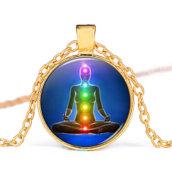 Golden Chakra Theme Yoga Human Glass Pendant Necklace, Alloy Jewelry for Women, Golden, 15.75 inch~19.69 inch(40~50cm)