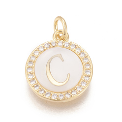 Letter C Brass Micro Pave Cubic Zirconia Pendants, with Shell, Long-Lasting Plated, Lead Free & Cadmium Free & Nickel Free, Real 18K Gold Plated, Flat Round with Letter, Clear, Letter.C, 16x13.5x3mm, Hole: 3mm