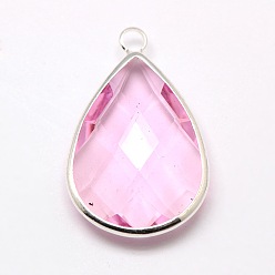 Pearl Pink Silver Color Plated Brass Glass Teardrop Pendants, Faceted, Pearl Pink, 18x10x5mm, Hole: 2mm