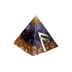 Amethyst Orgonite Pyramid Resin Display Decorations, with Brass Findings, Gold Foil and Natural Amethyst Chips Inside, for Home Office Desk, 50mm