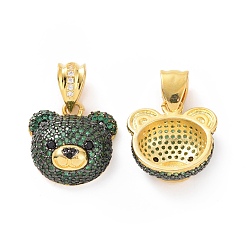 Green Brass Micro Pave Cubic Zirconia Pendants, Bear Head Charm, Real 18K Gold Plated, Green, 19x19x8mm, Hole: 5x8mm