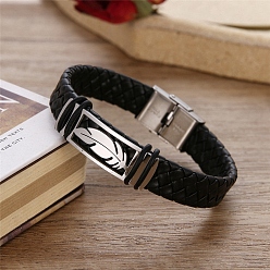 Feuille Bracelets de corde tressée en cuir, bracelet en acier inoxydable avec boucle, feuille, 8-5/8 pouce (22 cm)