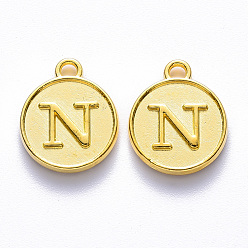 Letter N Alloy Pendant Cabochon Settings, For Enamel, Cadmium Free & Lead Free, Flat Round with Letter, Light Gold, Letter.N, 14x12x2mm, Hole: 1.5mm