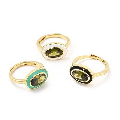 Mixed Color Rack Plating Brass Micro Pave Olive Drab Cubic Zirconia Oval Adjustable Rings, with Enamel, Cadmium Free & Lead Free, Long-Lasting Plated, Real 18K Gold Plated, Mixed Color, US Size 7 3/4, 1.5~2.5mm, Inner Diameter: 17.9mm