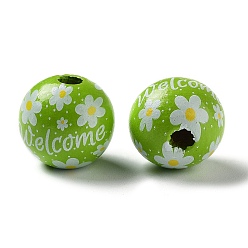 Yellow Green Easter Theme Printed Wood European Beads, Large Hole Beads, Round, Yellow Green, 16mm, Hole: 4.5mm