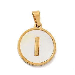 Letter I Vacuum Plating 304 Stainless Steel with White Shell Pendants, Golden, Flat Round with Letter Charm, Letter.I, 18x16x1.5mm, Hole: 3x6mm