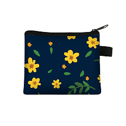 Midnight Blue Flower Pattern Cartoon Style Polyester Clutch Bags, Change Purse with Zipper & Key Ring, for Women, Rectangle, Midnight Blue, 13.5x11cm
