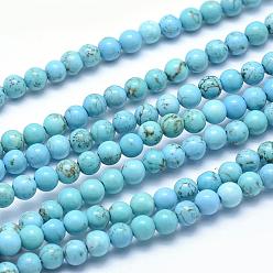 Howlite Brins de perles de magnésite naturelle, teints et chauffée, ronde, turquoise moyen, 4mm, Trou: 0.5mm, Environ 98 pcs/chapelet, 15.9 pouce (40.5 cm)