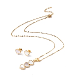 Golden Natural Shell Heart Stud Earrings & Pendant Necklace, Vacuum Plating 304 Stainless Steel Jewelry Set for Women, Golden, 17.72 inch(45cm), 9x10.5mm, Pin: 0.8mm