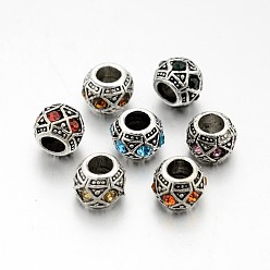 Mixed Color Antique Silver Plated Alloy Rhinestone European Beads, Large Hole Rondelle Beads, Mixed Color, 10x8mm, Hole: 5mm
