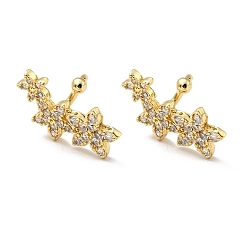 Oro Aretes de flor con circonitas cúbicas transparentes, joyas de latón para orejas no perforadas, sin plomo y cadmio, dorado, 10x17x10 mm
