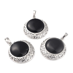 Obsidian Natural Obsidian Pendants with Hollow Platinum Brass Findings, Flat Round, 33.5x30x6mm, Hole: 8x5mm