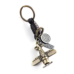 Airplane Punk Style Woven Cow Leather Alloy Pendant Keychain, for Car Key Pendant, Antique Bronze, Airplane Pattern, 11cm