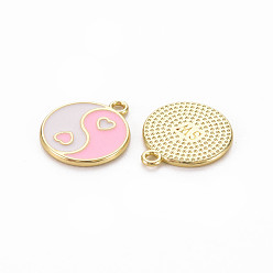 Pink Encantos de esmalte de aleación de chapado en rack, sin plomo y cadmio, la luz de oro, plano y redondo con yin yang, rosa, 13.5x11.5x1 mm, agujero: 1.2 mm