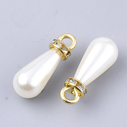 Golden High Luster ABS Plastic Imitation Pearl Pendants, with Golden Plated Iron Findings and Crystal Rhinestone, Teardrop, Golden, 20.5~21x7.5~8mm, Hole: 2.5mm