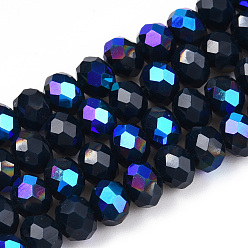 Prussian Blue Electroplate Opaque Solid Color Glass Beads Strands, Half Rainbow Plated, Faceted, Rondelle, Prussian Blue, 6x5mm, Hole: 1mm, about 85~88pcs/strand, 16.1~16.5 inch(41~42cm)
