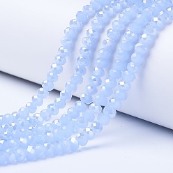 Bleu Ciel Clair Perles en verre electroplate, perles d'imitation en jade, de couleur plaquée ab , facette, rondelle, lumière bleu ciel, 4x3mm, Trou: 0.4mm, Environ 123~127 pcs/chapelet, 16.5~16.9 pouce (42~43 cm)