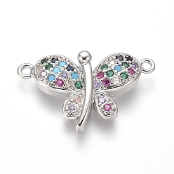 Platinum Brass Micro Pave Cubic Zirconia Links connectors, Butterfly, Colorful, Platinum, 15x24.5x5mm, Hole: 1.4mm
