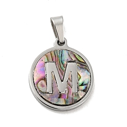 Letter M 304 Stainless Steel with Paua Shell Pendants, Stainless Steel Color, Flat Round with Letter Charm, Letter.M, 18x16x1.5mm, Hole: 3x6mm