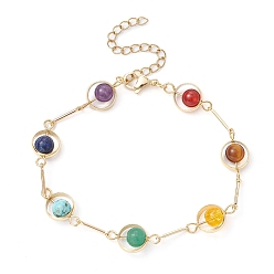 Mixed Stone Real 24K Gold Plated Brass Ring & Bar Link Chain Bracelet, Synthetic & Natural Mixed Gemstone Chakra Theme Bracelet, 7-5/8 inch(19.5cm)