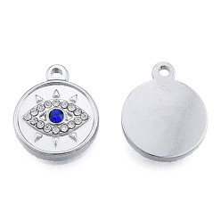 Stainless Steel Color 304 Stainless Steel Pendants, with Montana Rhinestone, Flat Round with Eye, Stainless Steel Color, 19x15.5x3mm, Hole: 1.6mm
