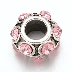Light Rose Rondelle Tibetan Style Alloy Rhinestone European Large Hole Beads, Light Rose, 11x7mm, Hole: 4.5mm
