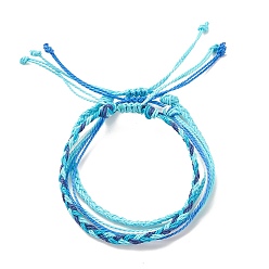 Deep Sky Blue 3Pcs 3 Style Waxed Polyester Braided Bracelets Sets, Multi-string Cord Bracelets for Women, Deep Sky Blue, Inner Diameter: 2-1/4~3-3/8 inch(5.7~8.6cm), 1Pc/style