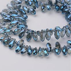 Cornflower Blue Electroplate Glass Beads Strands, Top Drilled Beads, Faceted Teardrop, Cornflower Blue, 9x4mm, Hole: 1mm, about 102pcs/strand, 13.3 inch