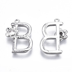 Letter B Brass Pendants, with Rhinestones, Alphabet, Platinum, Letter.B, 18x12.5x2.5mm, Hole: 1mm