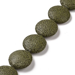 Dark Olive Green Natural Lava Rock Beads Strands, Flat Round, Dyed, Dark Olive Green, 25~27x7~8mm, Hole: 1mm, about 14pcs/strand, 14.5 inch