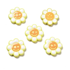 Yellow Opaque Acrylic Beads, with Enamel, Flower with Smiling Face, Yellow, 24.5~25x4mm, Hole: 1.5mm