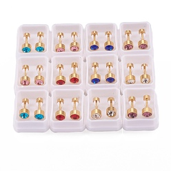 Mixed Color 304 Stainless Steel Earlobe Plugs, Screw Back Earrings, with Rhinestone, Column, Golden, Mixed Color, 13mm, Pin: 1mm