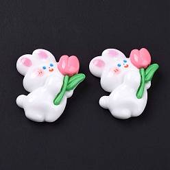 Rabbit Opaque Resin Cabochons, Animal with Flower, White, Rabbit Pattern, 31x27.5x8mm