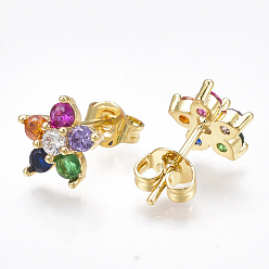 Real 18K Gold Plated Brass Micro Pave Cubic Zirconia Ear Studs, Flower, Real 18K Gold Plated, 8.5x9x2.5mm, Pin: 0.7mm